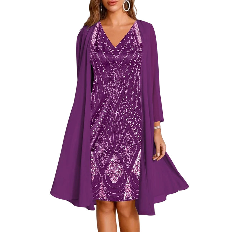 🔥Limited-Time Offer-Women's Long-Sleeve Printed Dress & Cardigan 2 Piece Set✨