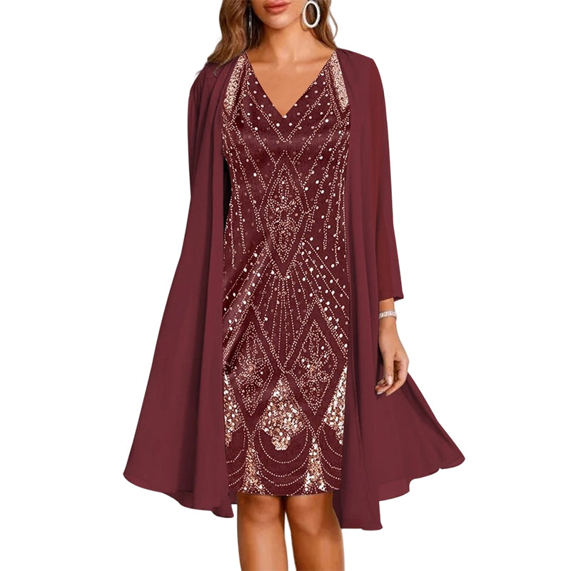 🔥Limited-Time Offer-Women's Long-Sleeve Printed Dress & Cardigan 2 Piece Set✨