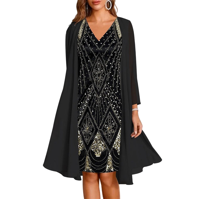 🔥Limited-Time Offer-Women's Long-Sleeve Printed Dress & Cardigan 2 Piece Set✨