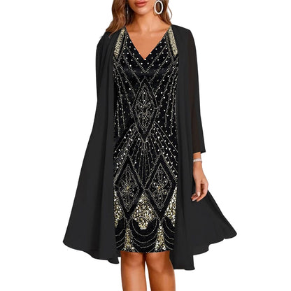 🔥Limited-Time Offer-Women's Long-Sleeve Printed Dress & Cardigan 2 Piece Set✨