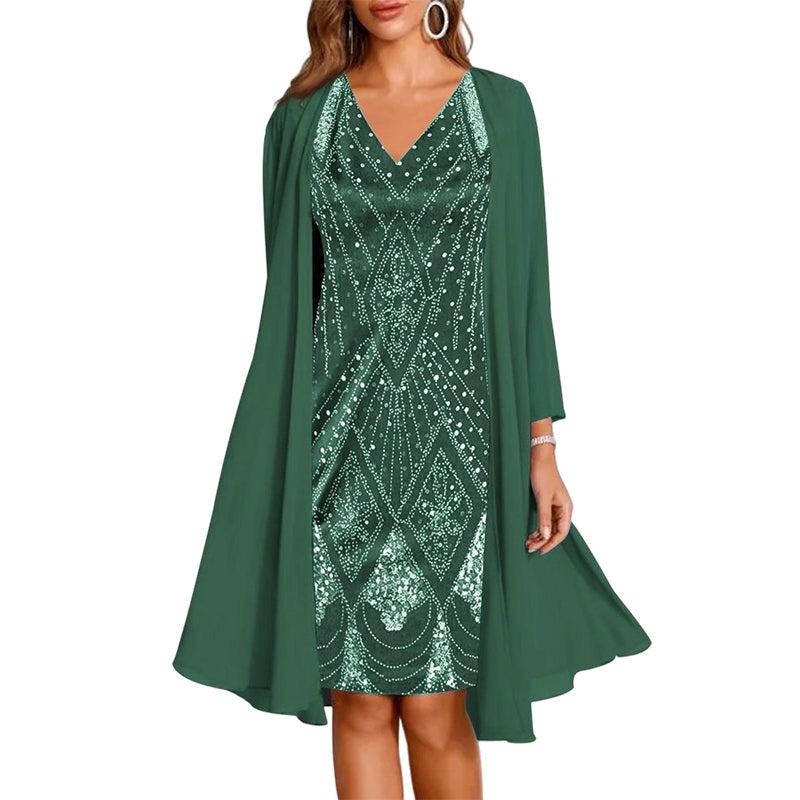🔥Limited-Time Offer-Women's Long-Sleeve Printed Dress & Cardigan 2 Piece Set✨