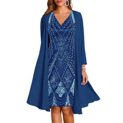 🔥Limited-Time Offer-Women's Long-Sleeve Printed Dress & Cardigan 2 Piece Set✨
