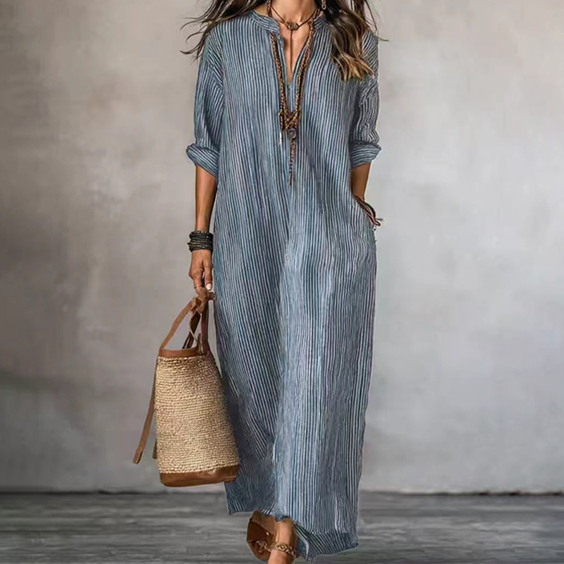Women's Striped V-Neck Maxi Dress