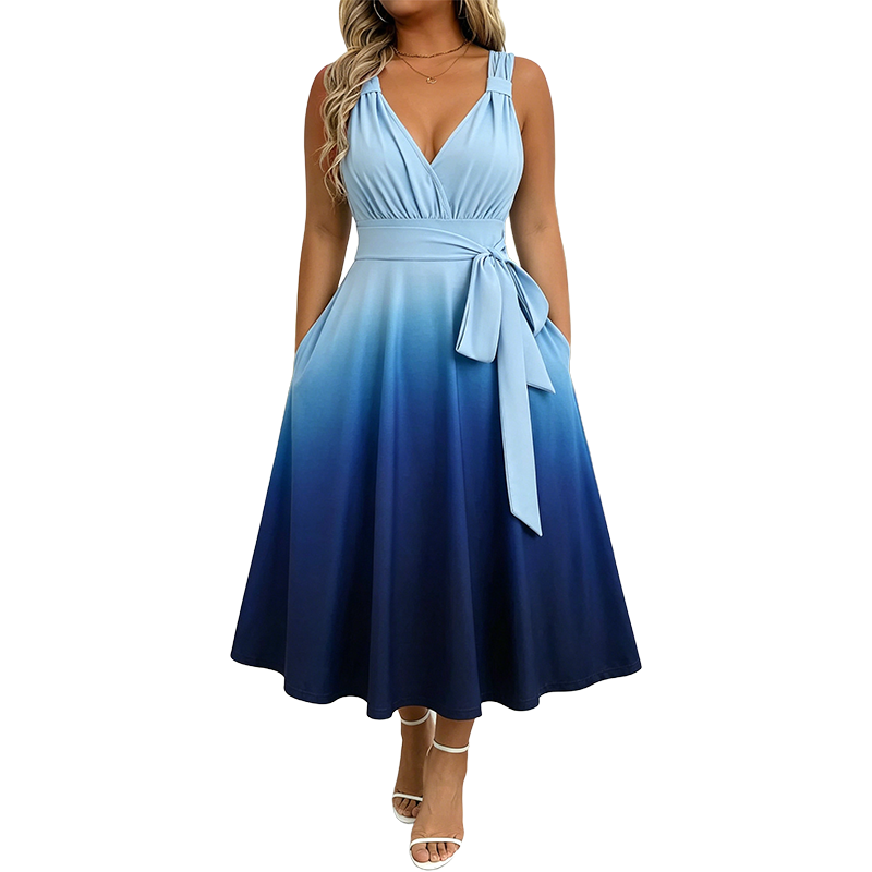 Women's Elegant V-Neck Gradient Dress with Pockets
