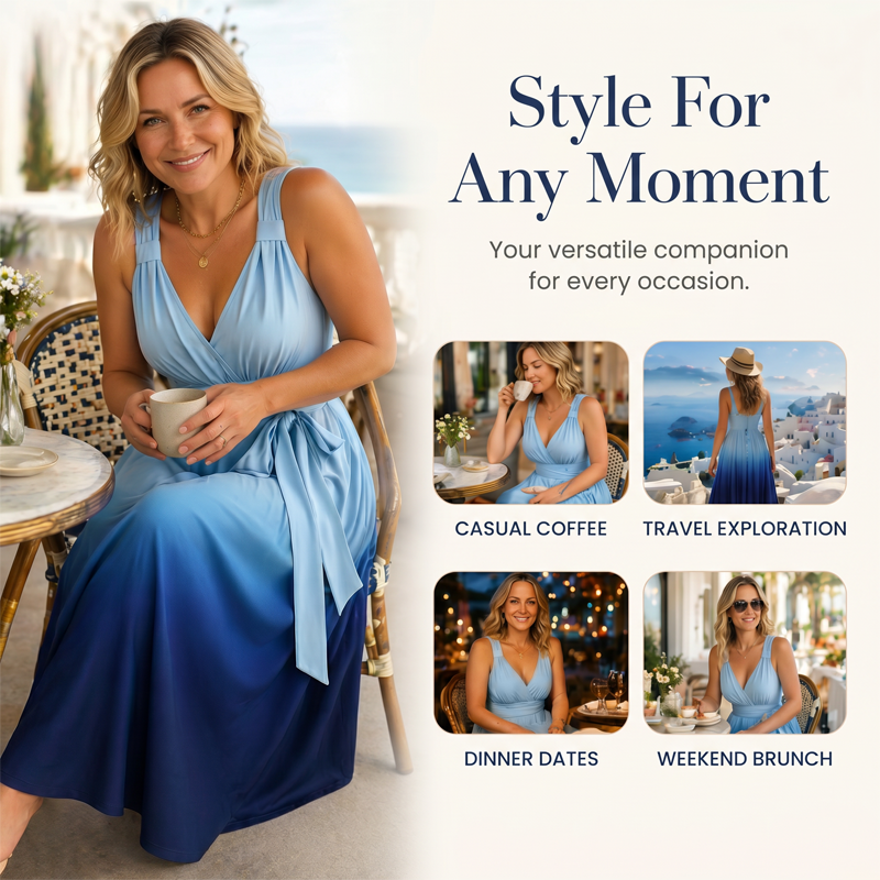 Women's Elegant V-Neck Gradient Dress with Pockets