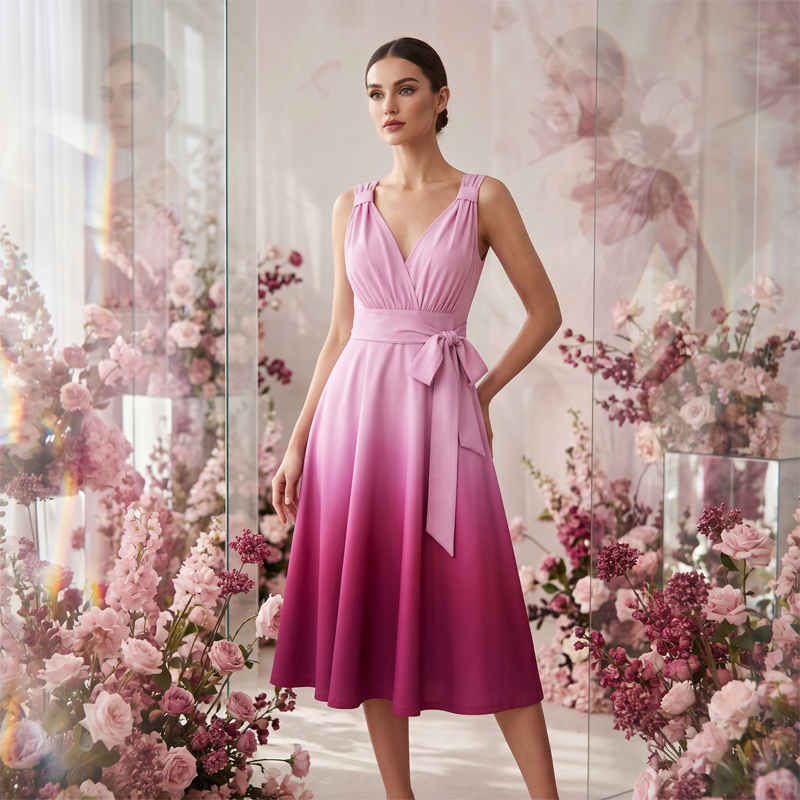 Women's Elegant V-Neck Gradient Dress with Pockets