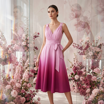 Women's Elegant V-Neck Gradient Dress with Pockets