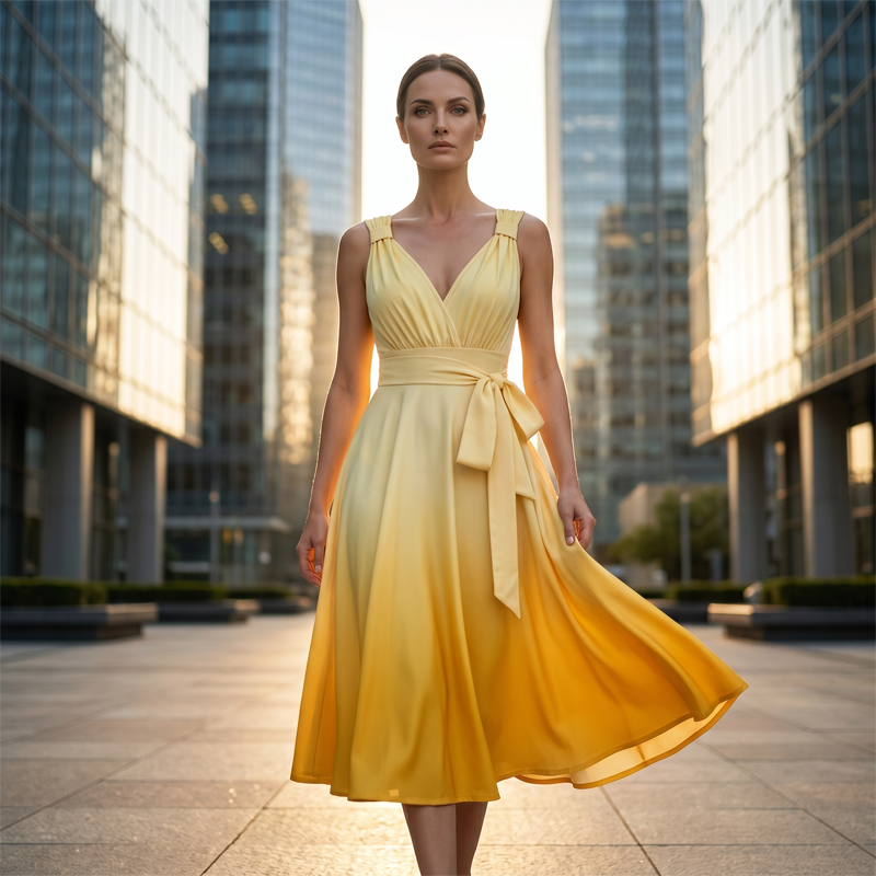 Women's Elegant V-Neck Gradient Dress with Pockets