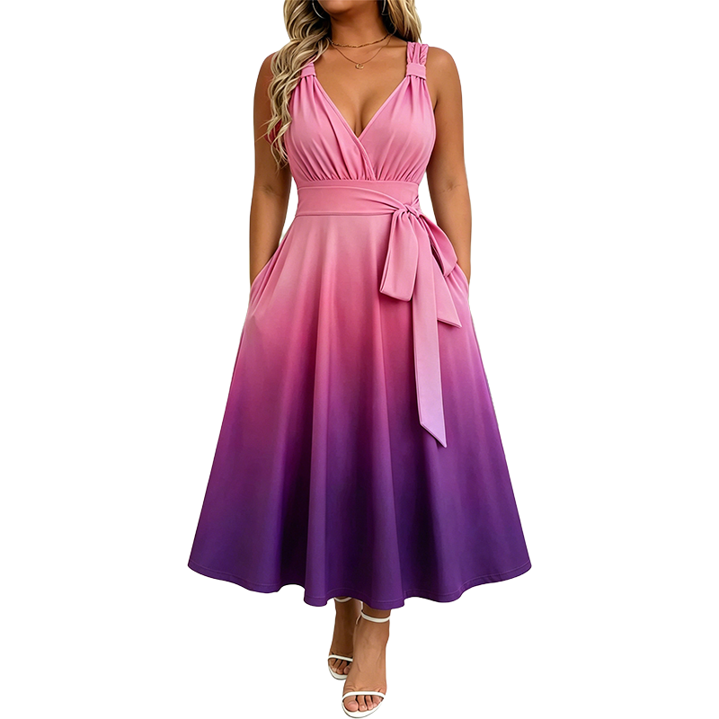 Women's Elegant V-Neck Gradient Dress with Pockets