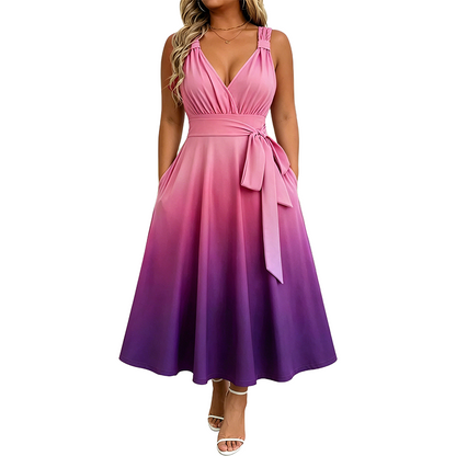 Women's Elegant V-Neck Gradient Dress with Pockets