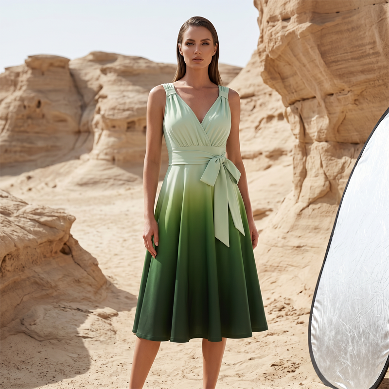 Women's Elegant V-Neck Gradient Dress with Pockets