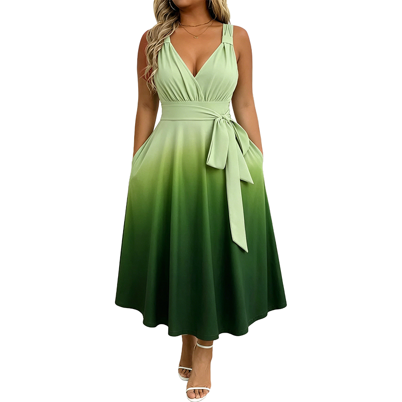 Women's Elegant V-Neck Gradient Dress with Pockets