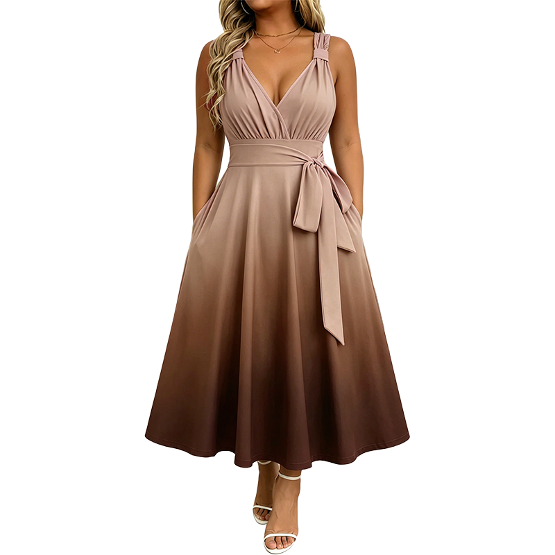 Women's Elegant V-Neck Gradient Dress with Pockets