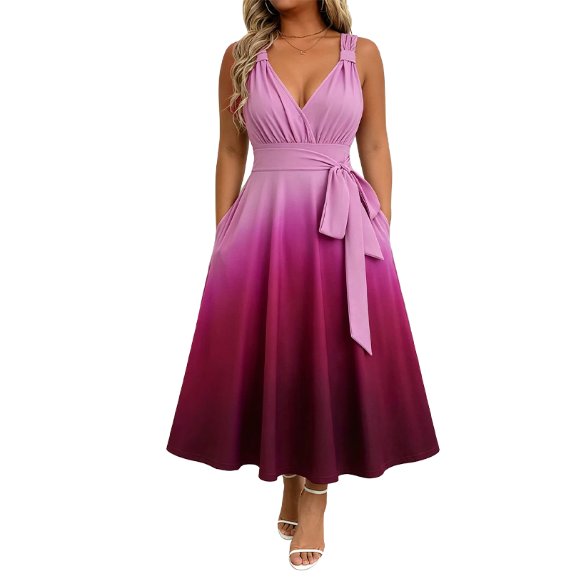Women's Elegant V-Neck Gradient Dress with Pockets