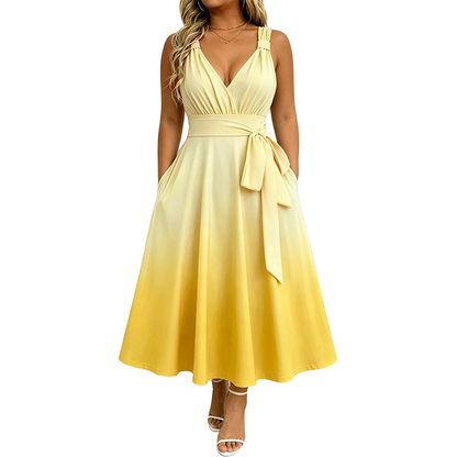 Women's Elegant V-Neck Gradient Dress with Pockets