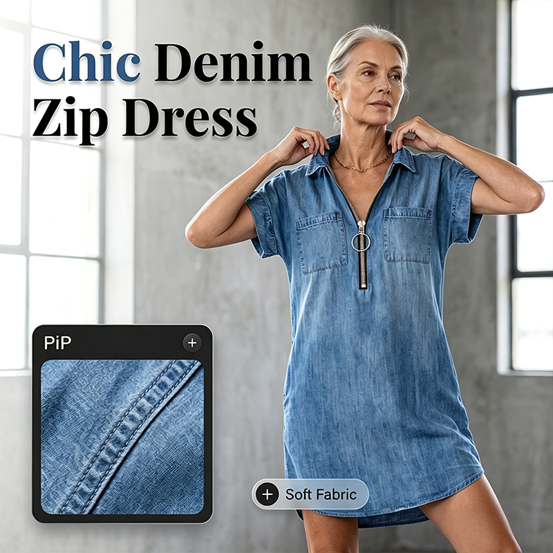Women Casual Denim Shirt Dress Loose Lapel Short Sleeve Zipper Dress with Pockets