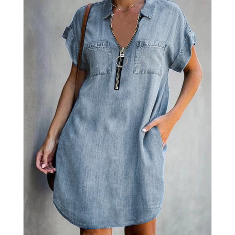Women Casual Denim Shirt Dress Loose Lapel Short Sleeve Zipper Dress with Pockets