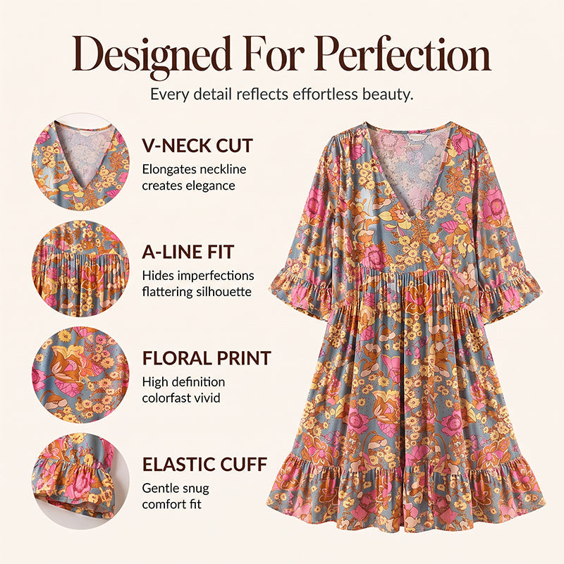 Women's Bohemian Floral Print V-Neck Loose Dress