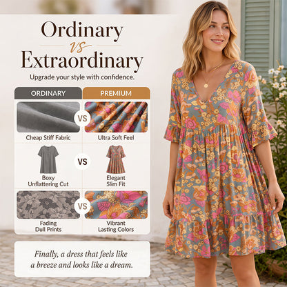 Women's Bohemian Floral Print V-Neck Loose Dress