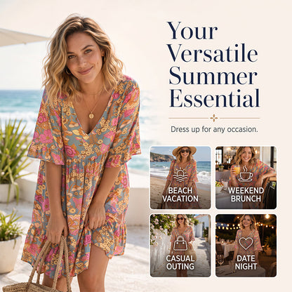 Women's Bohemian Floral Print V-Neck Loose Dress