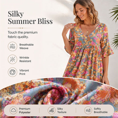 Women's Bohemian Floral Print V-Neck Loose Dress