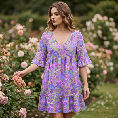 Women's Bohemian Floral Print V-Neck Loose Dress
