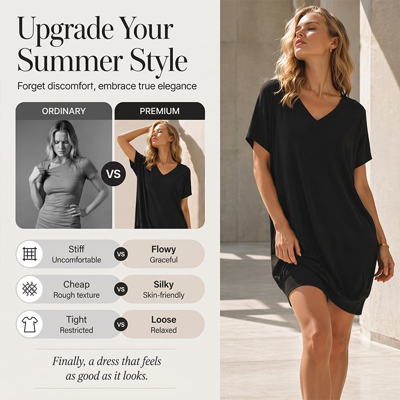 🌿 Relaxed-Fit V-Neck Dress with T-Shirt Comfort – Perfect for Casual Outings