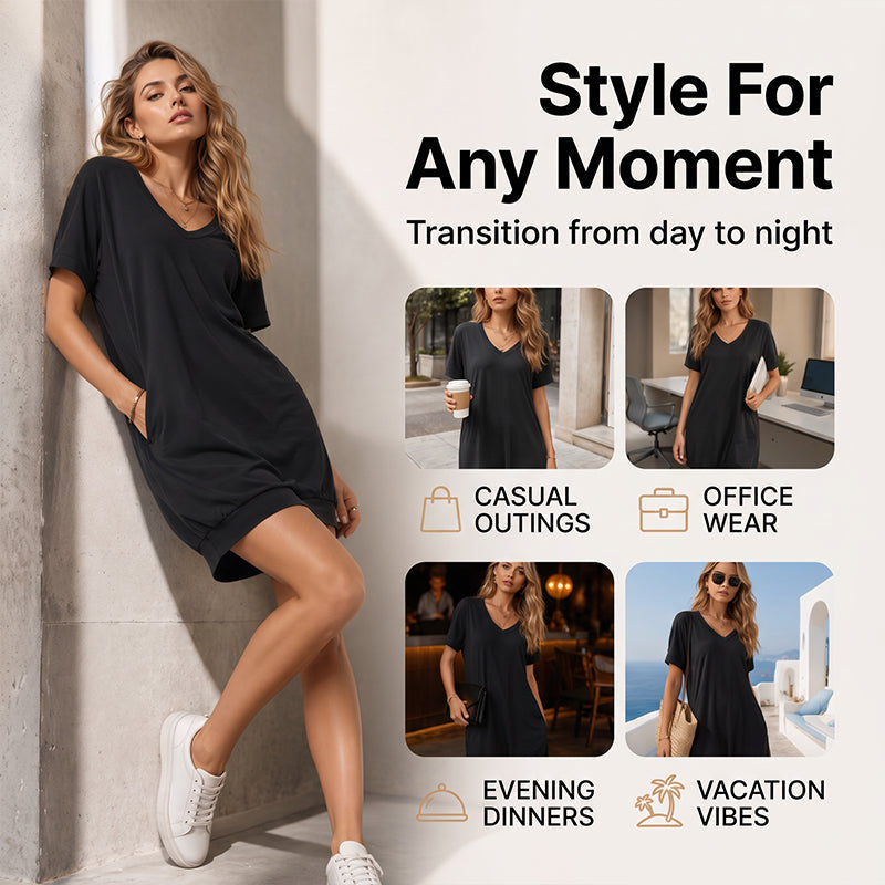 🌿 Relaxed-Fit V-Neck Dress with T-Shirt Comfort – Perfect for Casual Outings