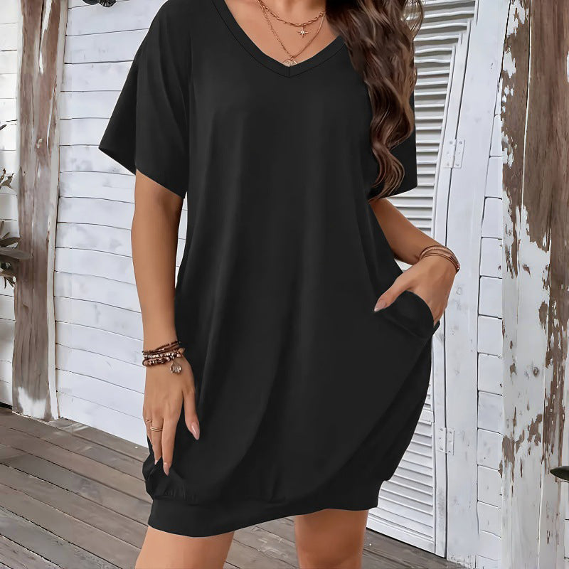 🌿 Relaxed-Fit V-Neck Dress with T-Shirt Comfort – Perfect for Casual Outings