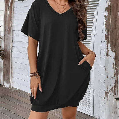 🌿 Relaxed-Fit V-Neck Dress with T-Shirt Comfort – Perfect for Casual Outings