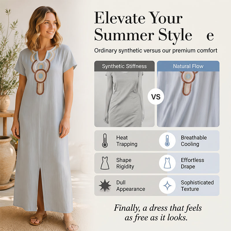 Summer Favorite☀️✨ Embroidered Maxi Dress with Front Slit – Must-Have for Resort & Relaxation