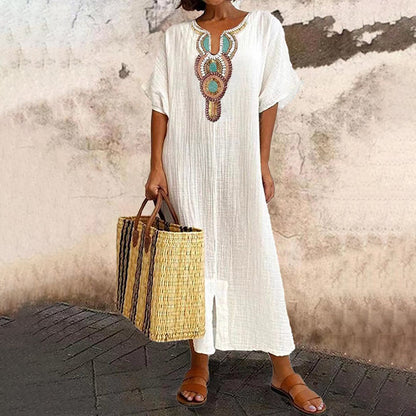 Summer Favorite☀️✨ Embroidered Maxi Dress with Front Slit – Must-Have for Resort & Relaxation