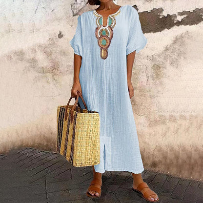 Summer Favorite☀️✨ Embroidered Maxi Dress with Front Slit – Must-Have for Resort & Relaxation