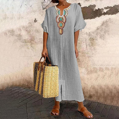 Summer Favorite☀️✨ Embroidered Maxi Dress with Front Slit – Must-Have for Resort & Relaxation