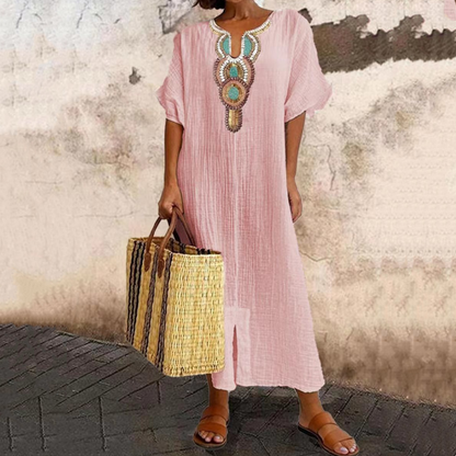 Summer Favorite☀️✨ Embroidered Maxi Dress with Front Slit – Must-Have for Resort & Relaxation