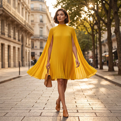 Trending Now⭐💃 Graceful Pleated Dress with Cape Silhouette