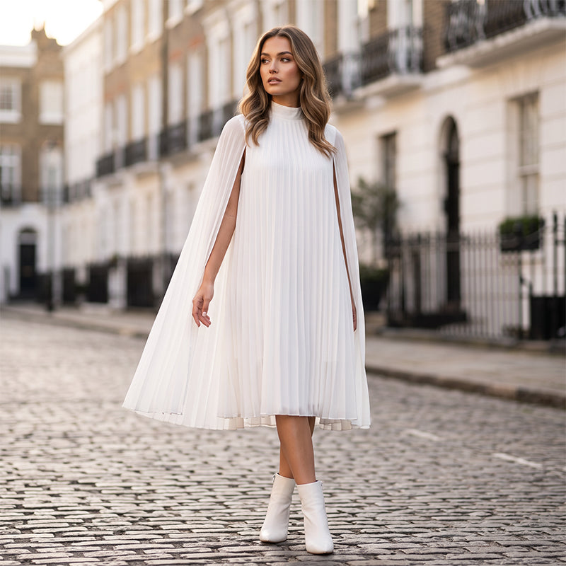 Trending Now⭐💃 Graceful Pleated Dress with Cape Silhouette