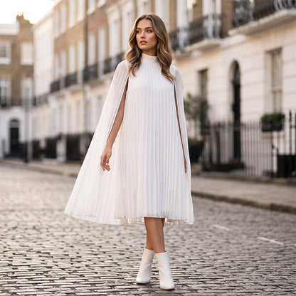 Trending Now⭐💃 Graceful Pleated Dress with Cape Silhouette