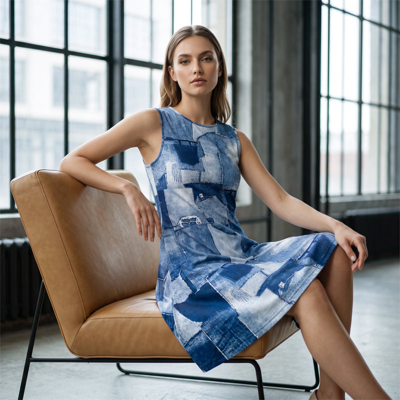 Women's Sleeveless Faux Denim Print Dress