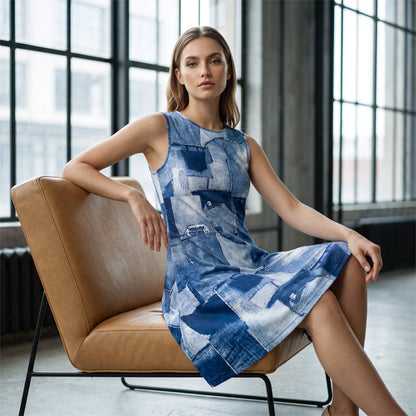 Women's Sleeveless Faux Denim Print Dress