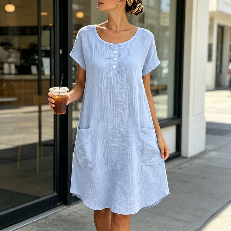 Women's Casual Short-Sleeve Knee-Length Dress with Pockets