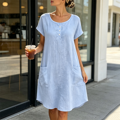 Women's Casual Short-Sleeve Knee-Length Dress with Pockets