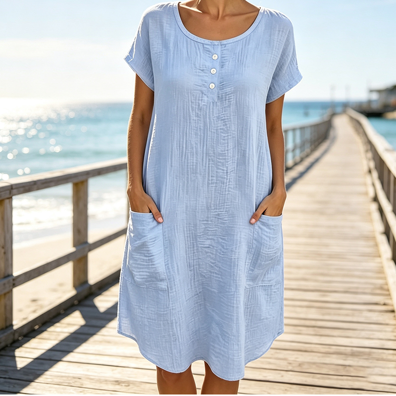 Women's Casual Short-Sleeve Knee-Length Dress with Pockets