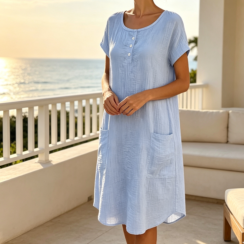 Women's Casual Short-Sleeve Knee-Length Dress with Pockets