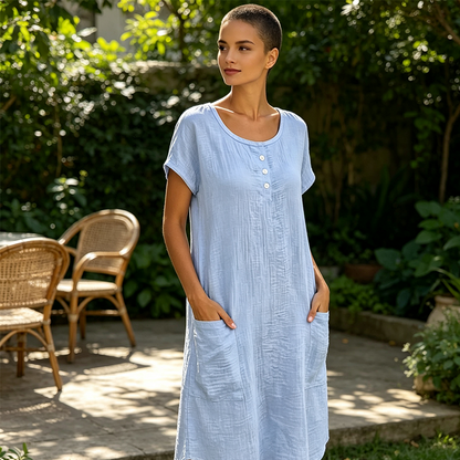 Women's Casual Short-Sleeve Knee-Length Dress with Pockets