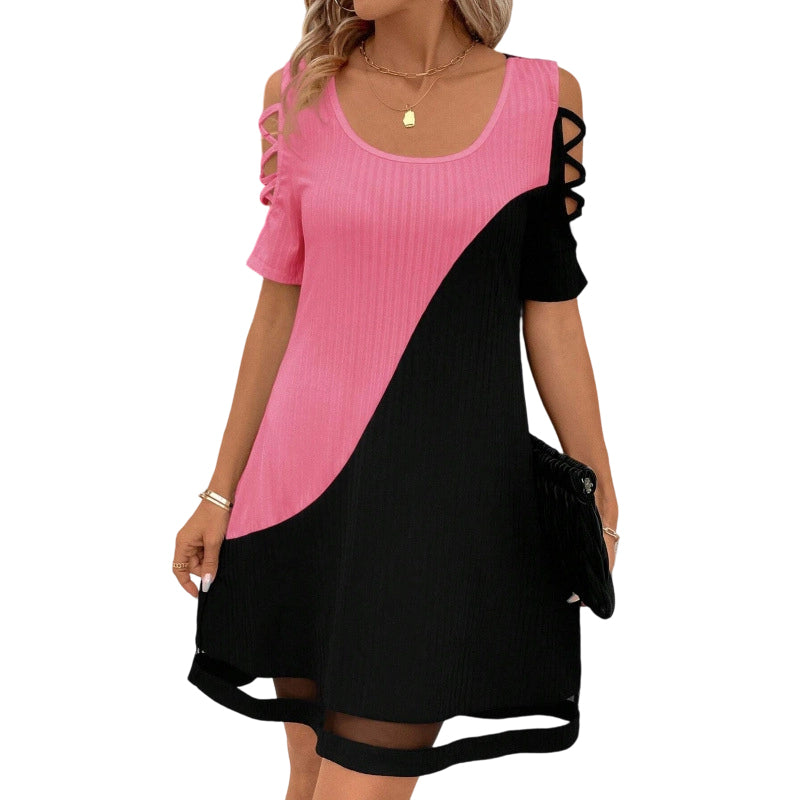 Women's Color-Block Crew-Neck Midi Dress with Mesh Hem