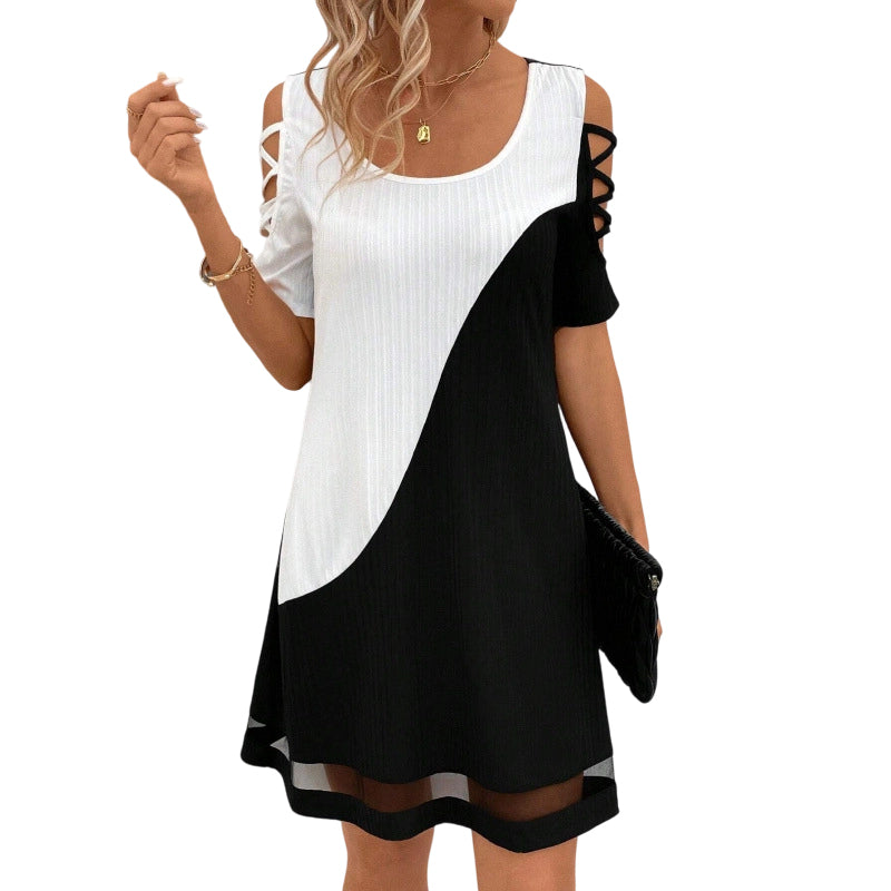Women's Color-Block Crew-Neck Midi Dress with Mesh Hem