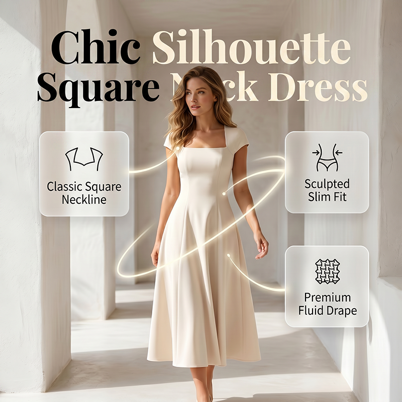Women Elegant Square Neck A Line Dress Slim Fit Long Dress