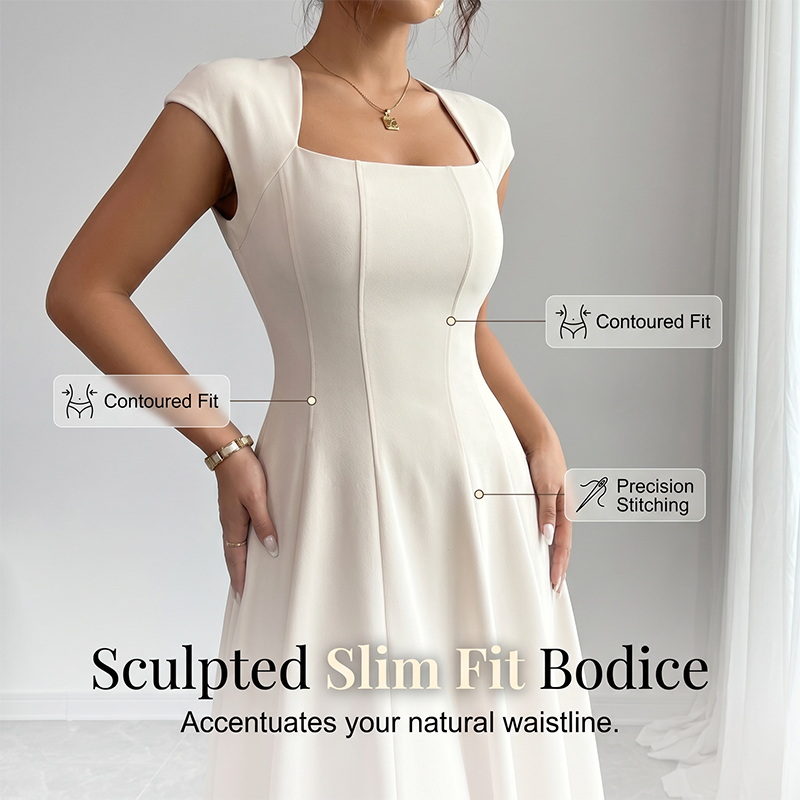 Women Elegant Square Neck A Line Dress Slim Fit Long Dress
