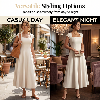 Women Elegant Square Neck A Line Dress Slim Fit Long Dress